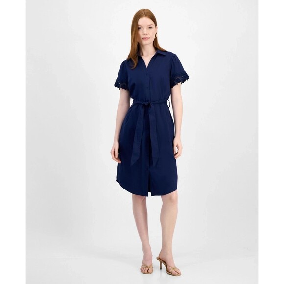 T Tahari Dresses & Skirts - T Tahari Women's Lace-Trim Short-Sleeve Shirt Dress Navy Blue L (MISSING BELT)